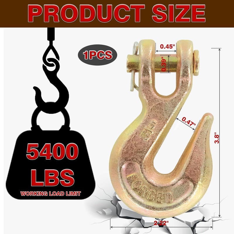 V-chen 5/16 Inch Chain Hook Clevis Grab Hook, Grade 70 Forged Steel Alloy Clevis Hooks, Heavy Duty Chain Hook for Trailer Truck Transport - 5400 LBS Capacity (1 Pack) - Image 2